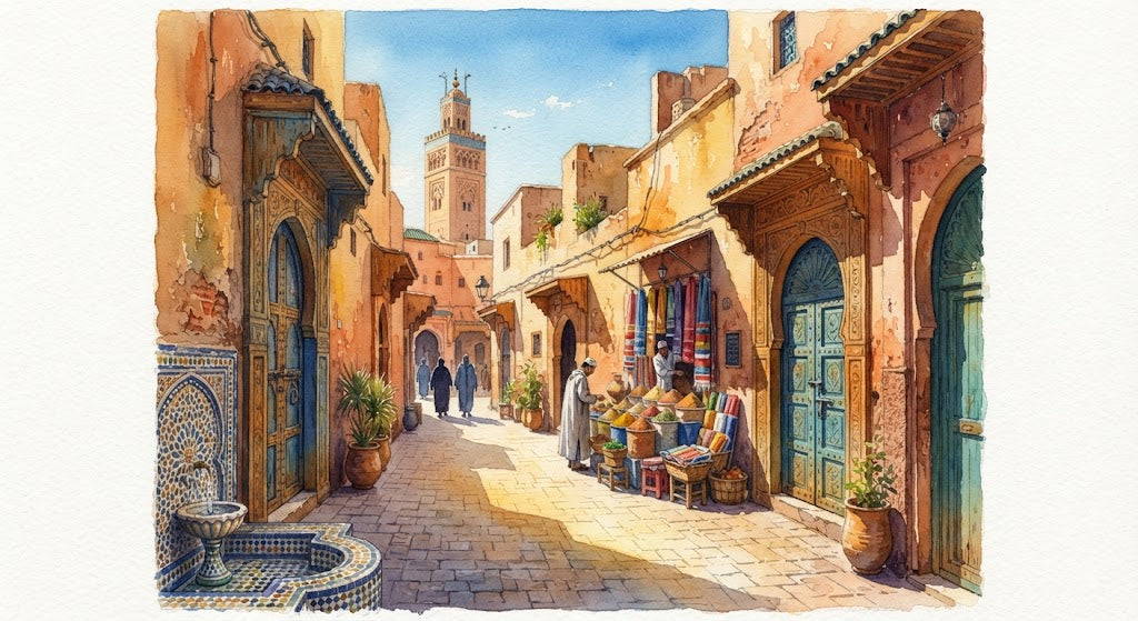 Peinture originale à l'aquarelle représentant une ruelle ensoleillée de la médina de Marrakech avec ses murs ocre, sa fontaine traditionnelle et le minaret de la Koutoubia.