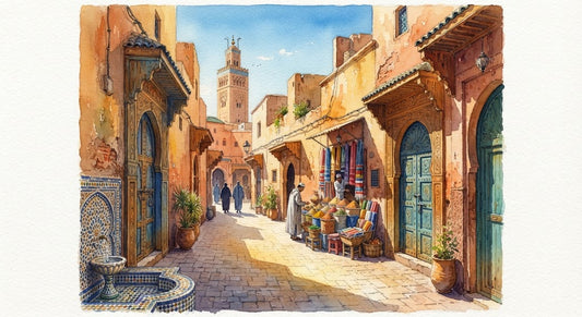 Peinture originale à l'aquarelle représentant une ruelle ensoleillée de la médina de Marrakech avec ses murs ocre, sa fontaine traditionnelle et le minaret de la Koutoubia.