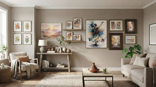 image d un salon avec des tableaux pour le blog L’aquarelle marocaine : entre lumière et émotion