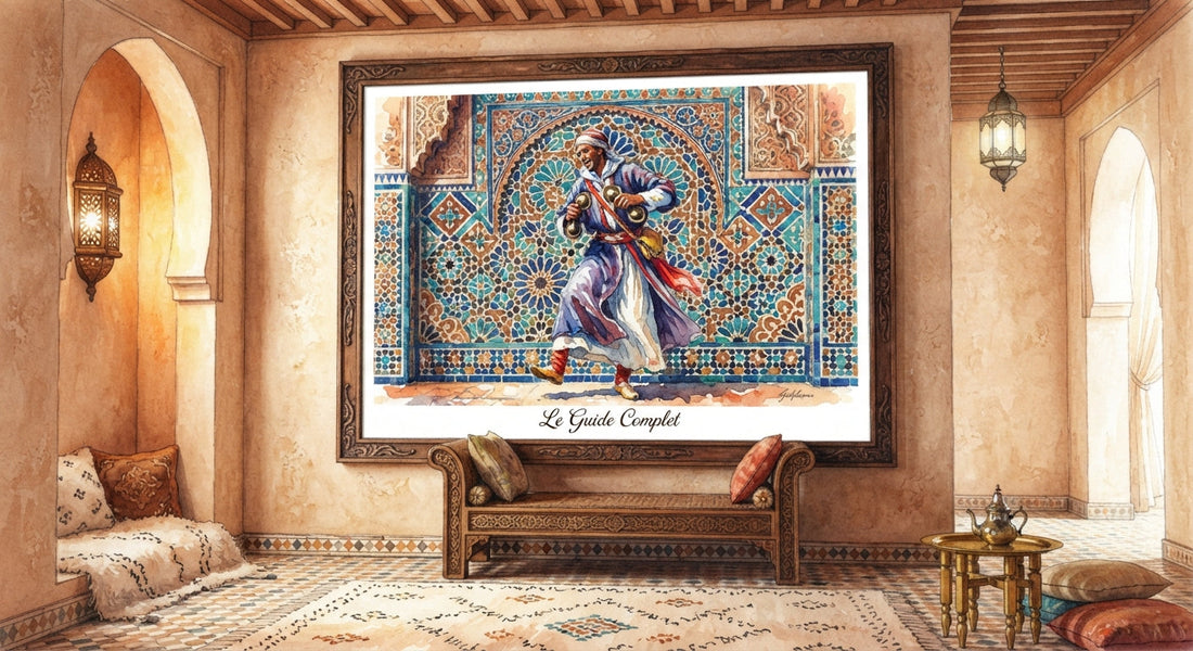 Illustration à l'aquarelle d'un grand tableau marocain dans un salon traditionnel, représentant un musicien Gnawa avec des qraqeb devant des motifs de zellige fissa, pour l'article Comment choisir un tableau pour son salon.