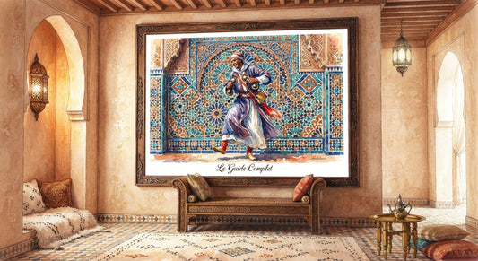 Illustration à l'aquarelle d'un grand tableau marocain dans un salon traditionnel, représentant un musicien Gnawa avec des qraqeb devant des motifs de zellige fissa, pour l'article Comment choisir un tableau pour son salon.