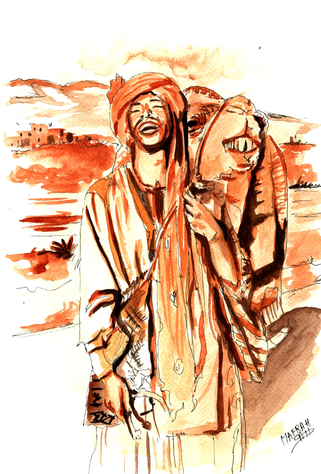 Aquarelle d'un nomade et de son dromadaire souriants dans le désert saharien.