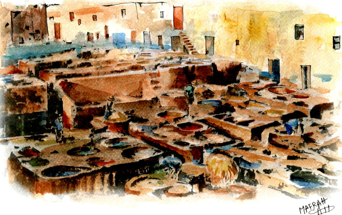 Aquarelle représentant les tanneries de Chouara à Fès avec des cuves de pigments traditionnels et des artisans au travail.