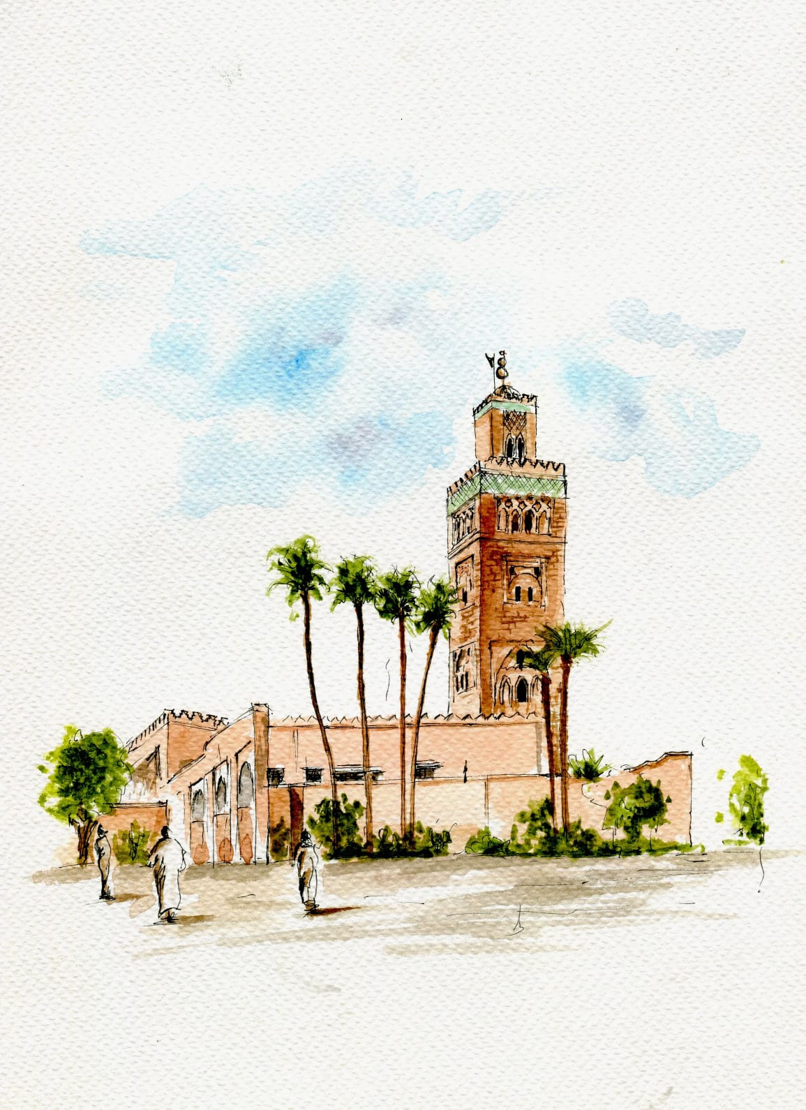 Aquarelle de la mosquée Koutoubia à Marrakech, montrant son minaret en pierre ocre, entouré de palmiers sveltes et de quelques silhouettes discrètes devant l'entrée, sous un ciel bleu doux et nuageux