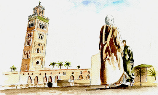 Aquarelle représentant deux personnages de dos regardant le minaret de la Koutoubia à Marrakech, signée MAFRAH ART.