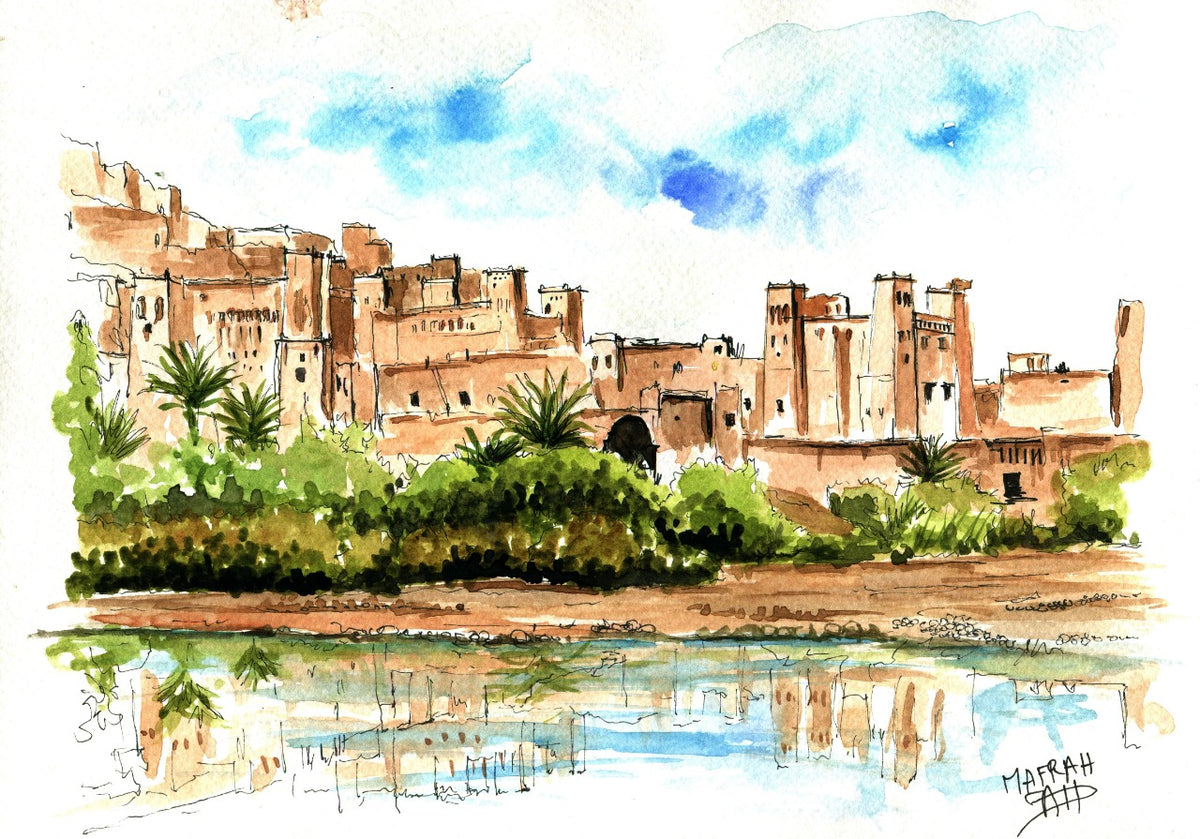 Aquarelle du village fortifié Ksar Aït-ben-Haddou et ses palmeraies se reflétant dans l'eau.