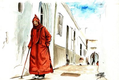 Aquarelle représentant une silhouette en djellaba rouge marchant avec une canne dans une ruelle ensoleillée, signée MAFRAH ART.