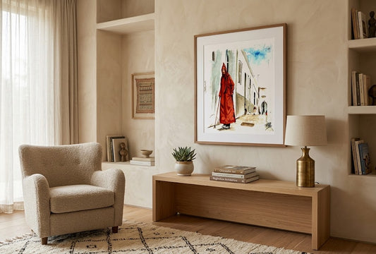 Tableau encadré de l'aquarelle « La Djellaba Écarlate », accroché au mur au-dessus d'un meuble en bois dans un salon moderne.