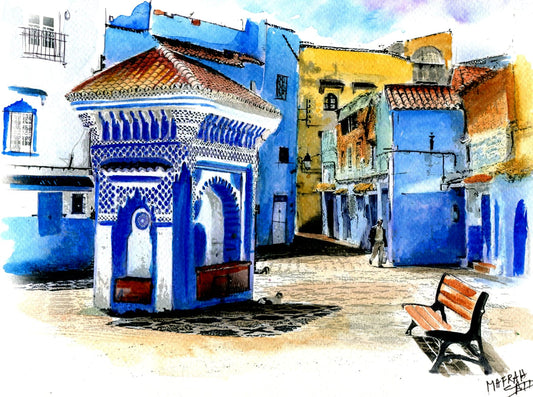 Aquarelle représentant la fontaine bleue et les ruelles traditionnelles de Chefchaouen avec un banc en bois, signée MAFRAH ART.