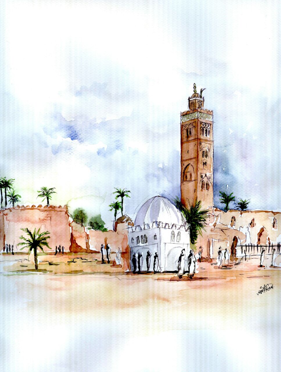 Tableau encadré de l'aquarelle « La Gardienne de Marrakech », accroché au mur au-dessus d'un meuble en bois bas dans un salon moderne aux teintes neutres.