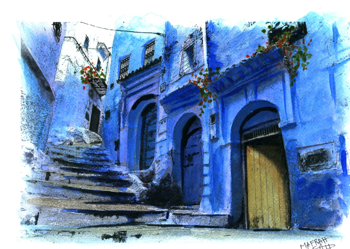 Aquarelle d'une ruelle de Chefchaouen, au Maroc
