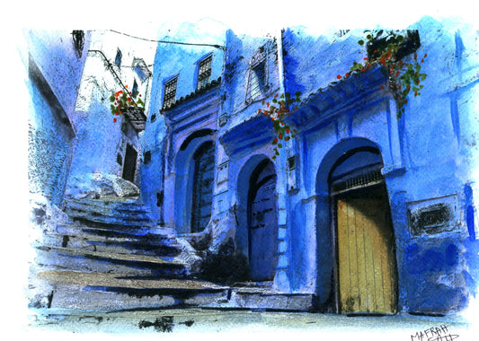 Aquarelle d'une ruelle de Chefchaouen, au Maroc