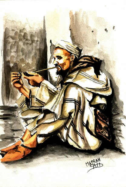 Aquarelle d'un homme assis en tenue traditionnelle avec chèche et djellaba, fumant le sebsi contre un mur en terre.