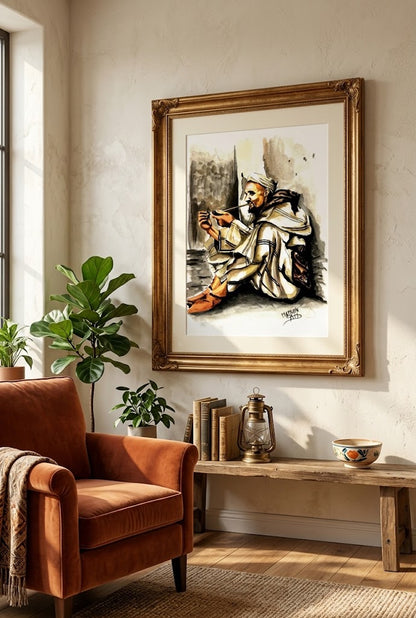 Tableau encadré représentant l'aquarelle Le Fumeur Solitaire, accroché au-dessus d'une table en bois dans un salon avec fauteuil chaleureux.