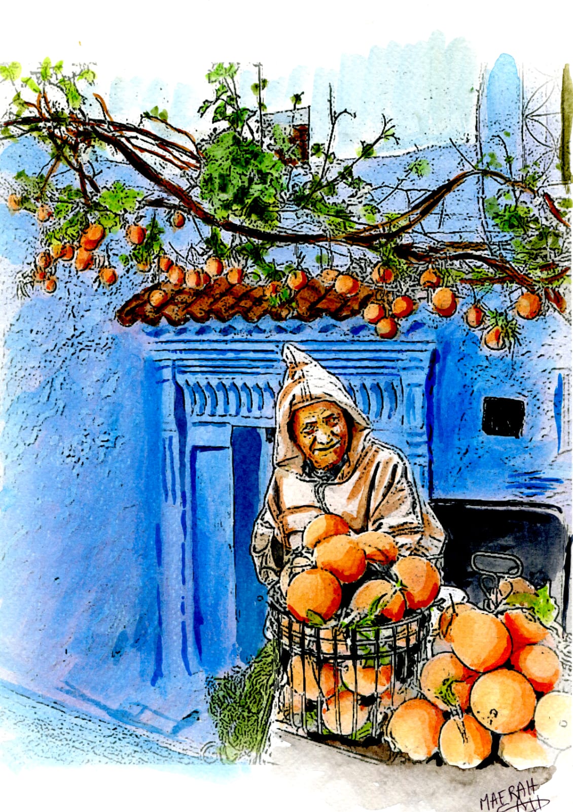 Aquarelle d'un marchand d'oranges en djellaba blanche devant une maison bleue à Chefchaouen.