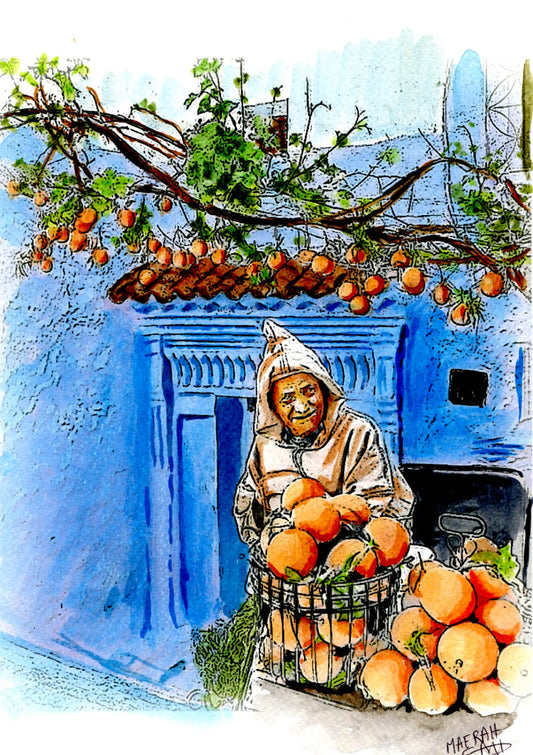 Aquarelle d'un marchand d'oranges en djellaba blanche devant une maison bleue à Chefchaouen.