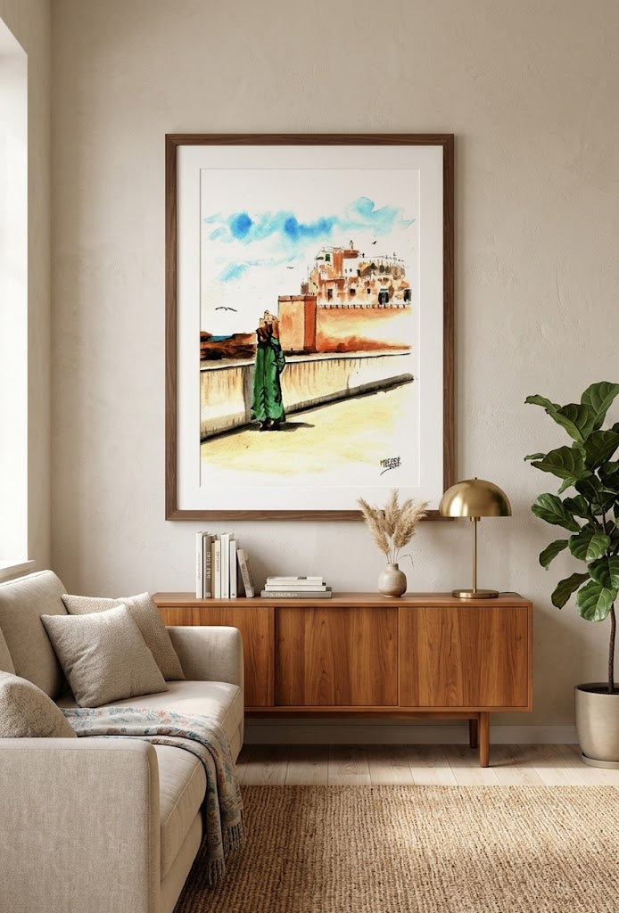 Tableau encadré représentant une aquarelle d'un homme en djellaba verte devant des remparts, accroché au-dessus d'un buffet en bois dans un salon moderne.