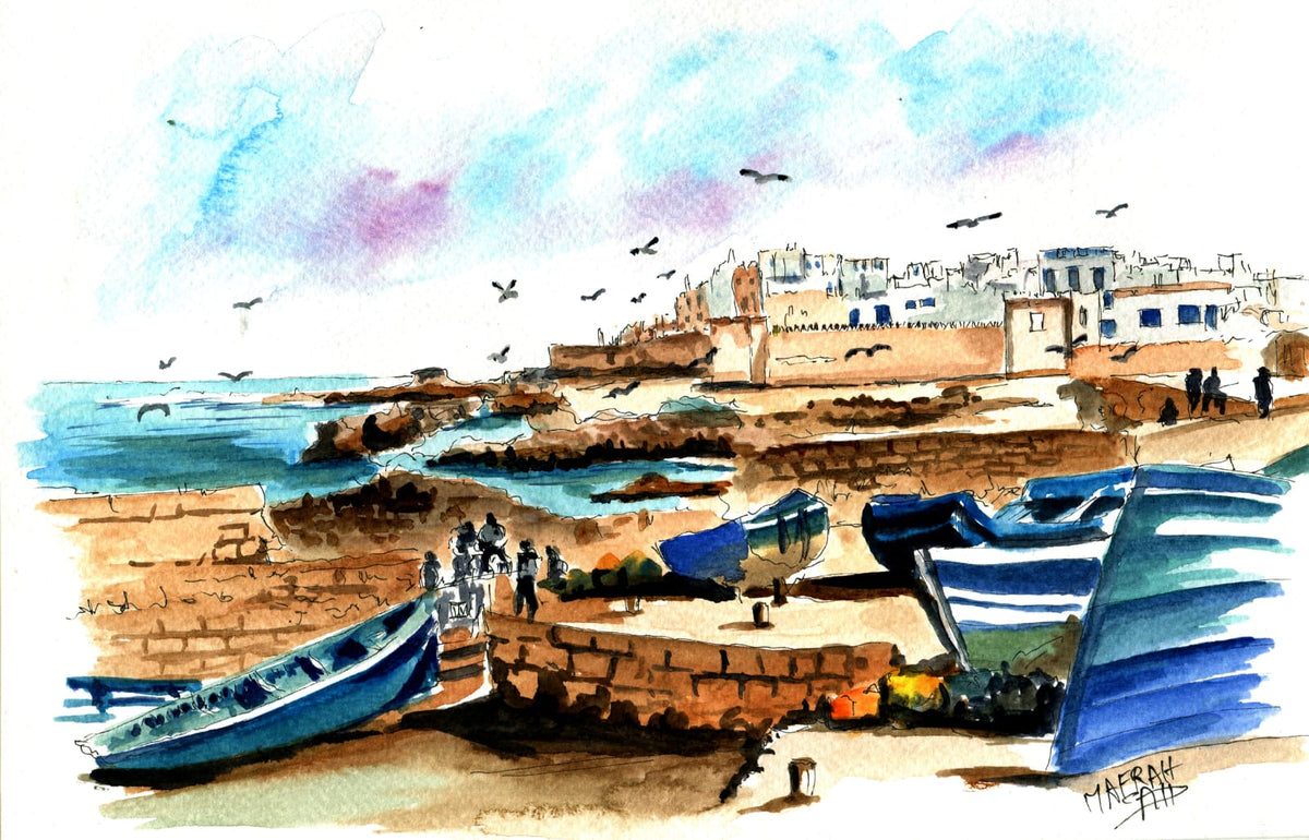 Aquarelle des barques bleues traditionnelles et des remparts de la ville d'Essaouira.