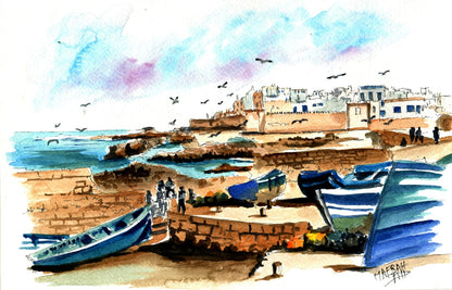 Aquarelle des barques bleues traditionnelles et des remparts de la ville d'Essaouira.