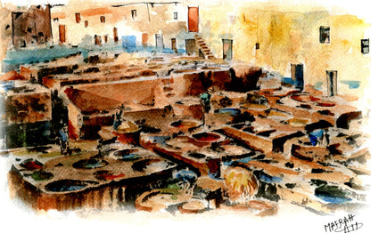 Aquarelle représentant les tanneries de Chouara à Fès avec des cuves de pigments traditionnels et des artisans au travail.
