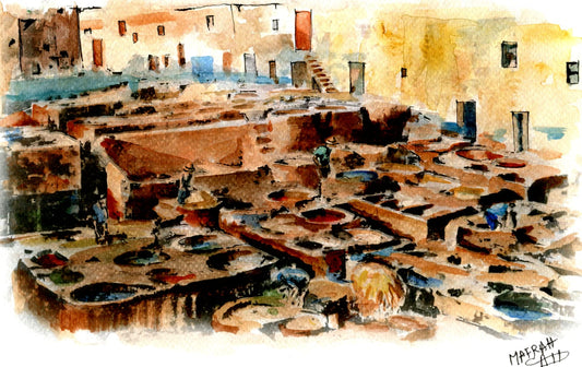 Aquarelle représentant les tanneries de Chouara à Fès avec des cuves de pigments traditionnels et des artisans au travail.