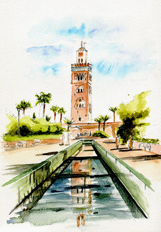 Tableau encadré de l'aquarelle « Reflets de la Koutoubia »