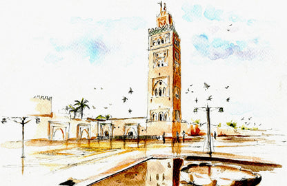 Aquarelle représentant le minaret de la Koutoubia à Marrakech avec des reflets et des oiseaux en vol, signée MAFRAH ART.