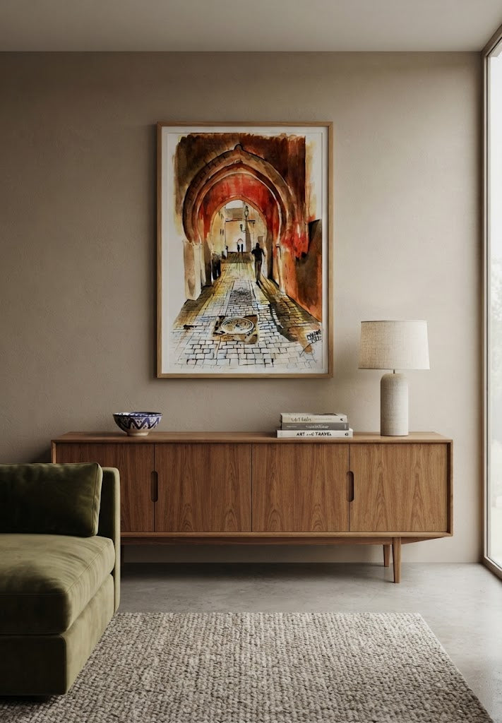 Tableau encadré de l'aquarelle « Sous les Voûtes de la Médina », accroché au mur au-dessus d'un meuble en bois bas dans un salon moderne aux teintes neutres.