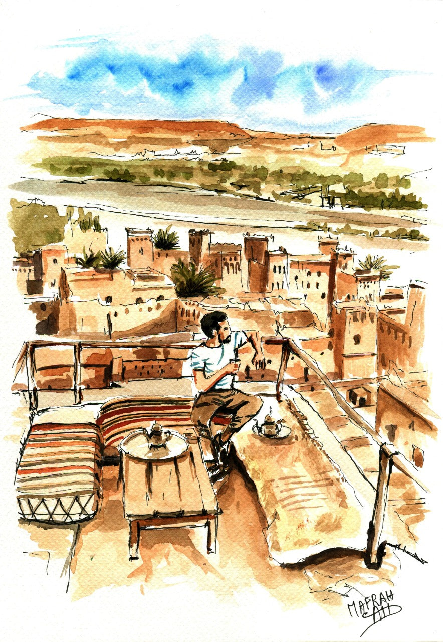 Aquarelle d'un homme buvant du thé sur une terrasse en pisé face au panorama d'une kasbah marocaine.
